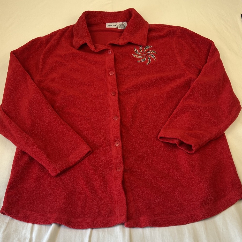 Cabin Creek Womens Red Fleece Button Front Shirt Embroidered Feather XL